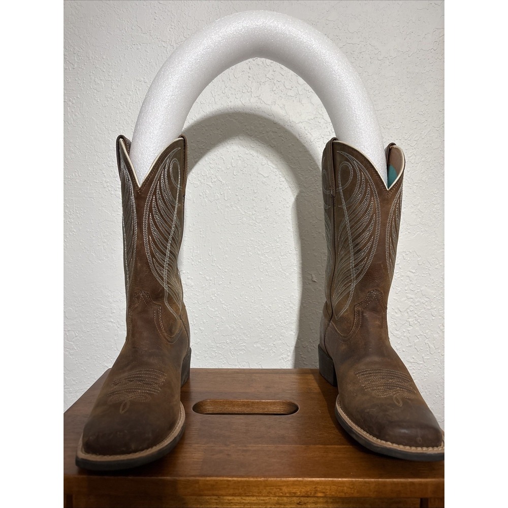 Ariat Womens 7.5B Round Up Wide Square Toe Cowboy Boots Brown Leather 10018528 - Picture 2 of 13